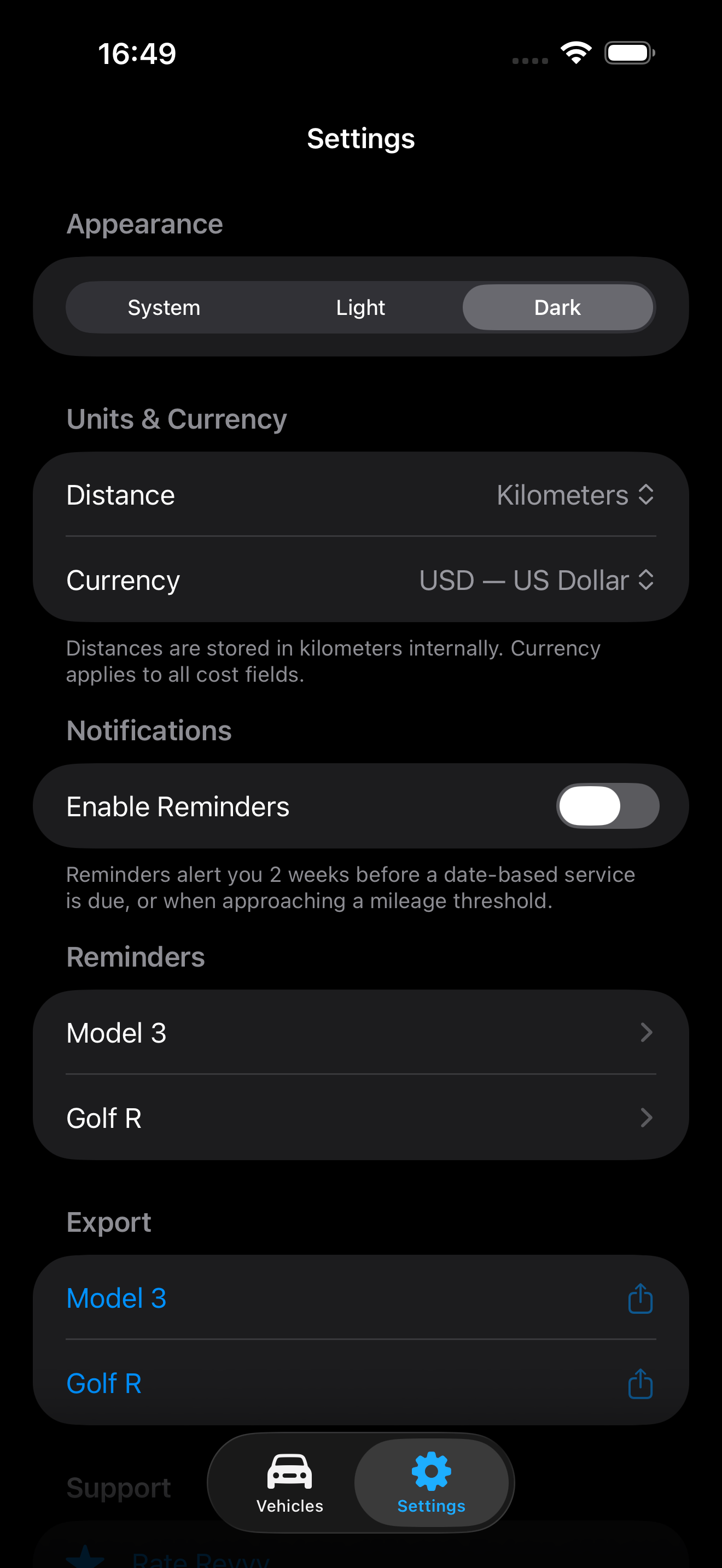 Service history timeline for Tesla Model 3 in dark mode